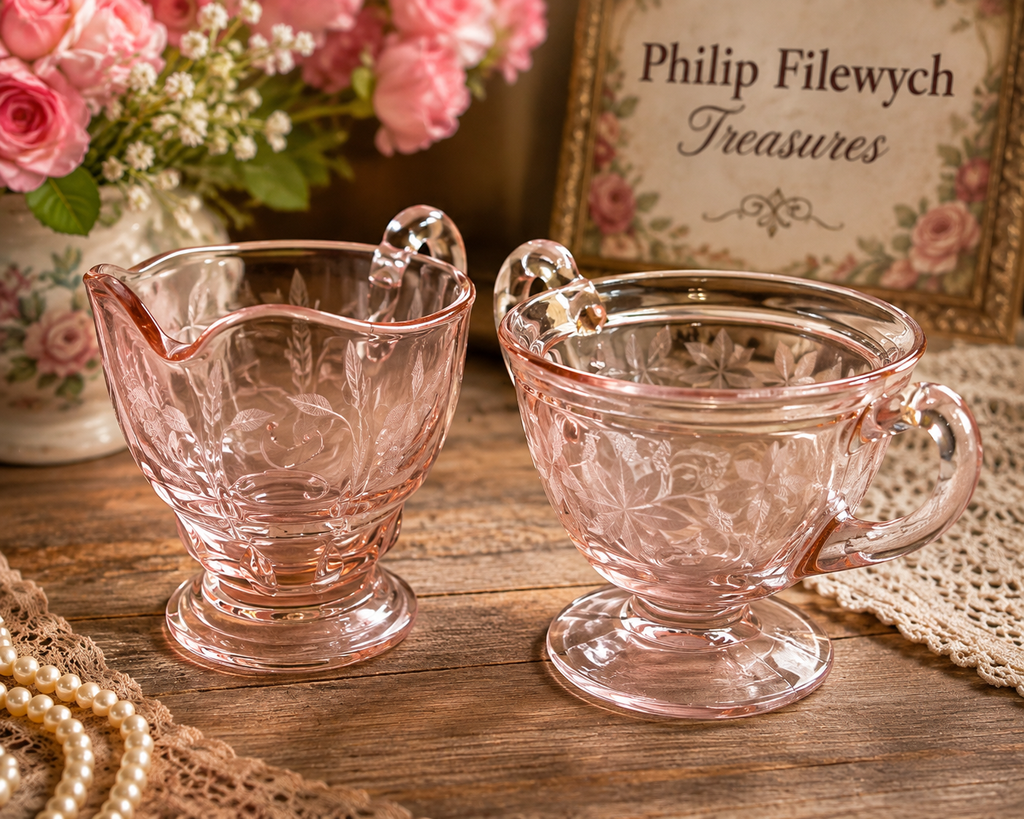 CS-14--Vintage Pink Depression Glass Cream & Sugar Set – Collectible Pink Glass Serving Set