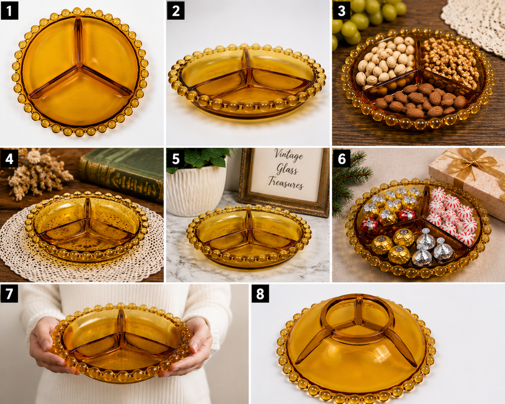 CD-15--Vintage Bohemian Amber Glass Divided Relish Bowl – Czech 3-Section Serving Dish