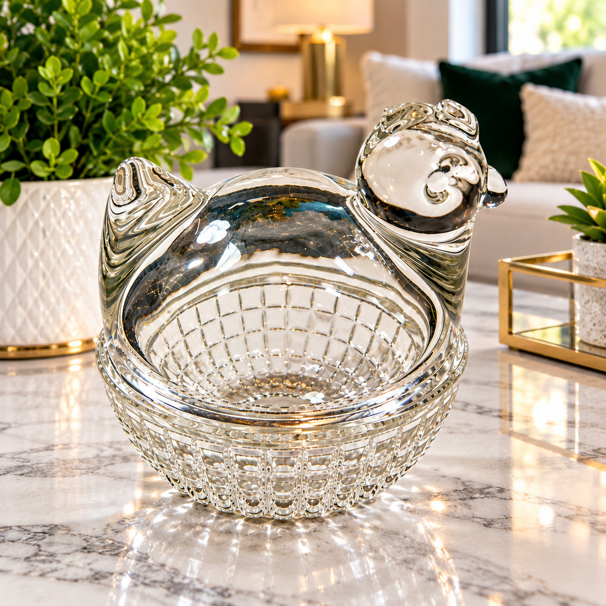 Crystal glass duck candy dish with lid displayed in a modern home setting