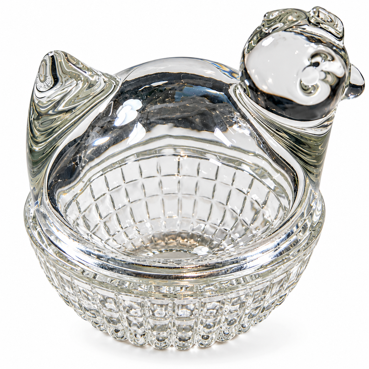 Vintage crystal glass duck candy dish with lid on white background