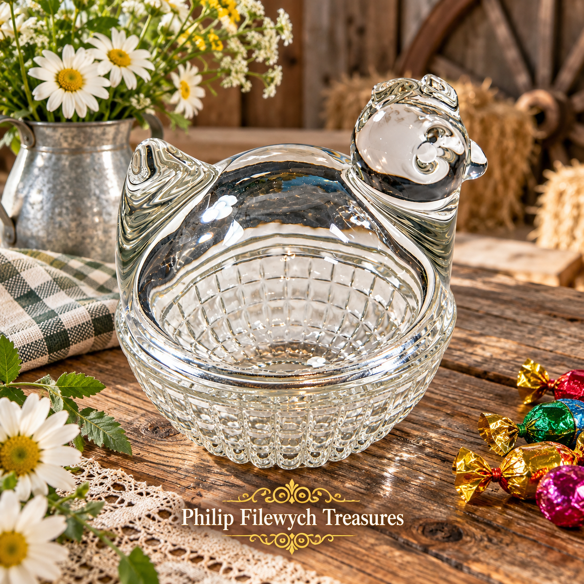 Vintage crystal glass duck candy dish with lid displayed in a farmhouse setting