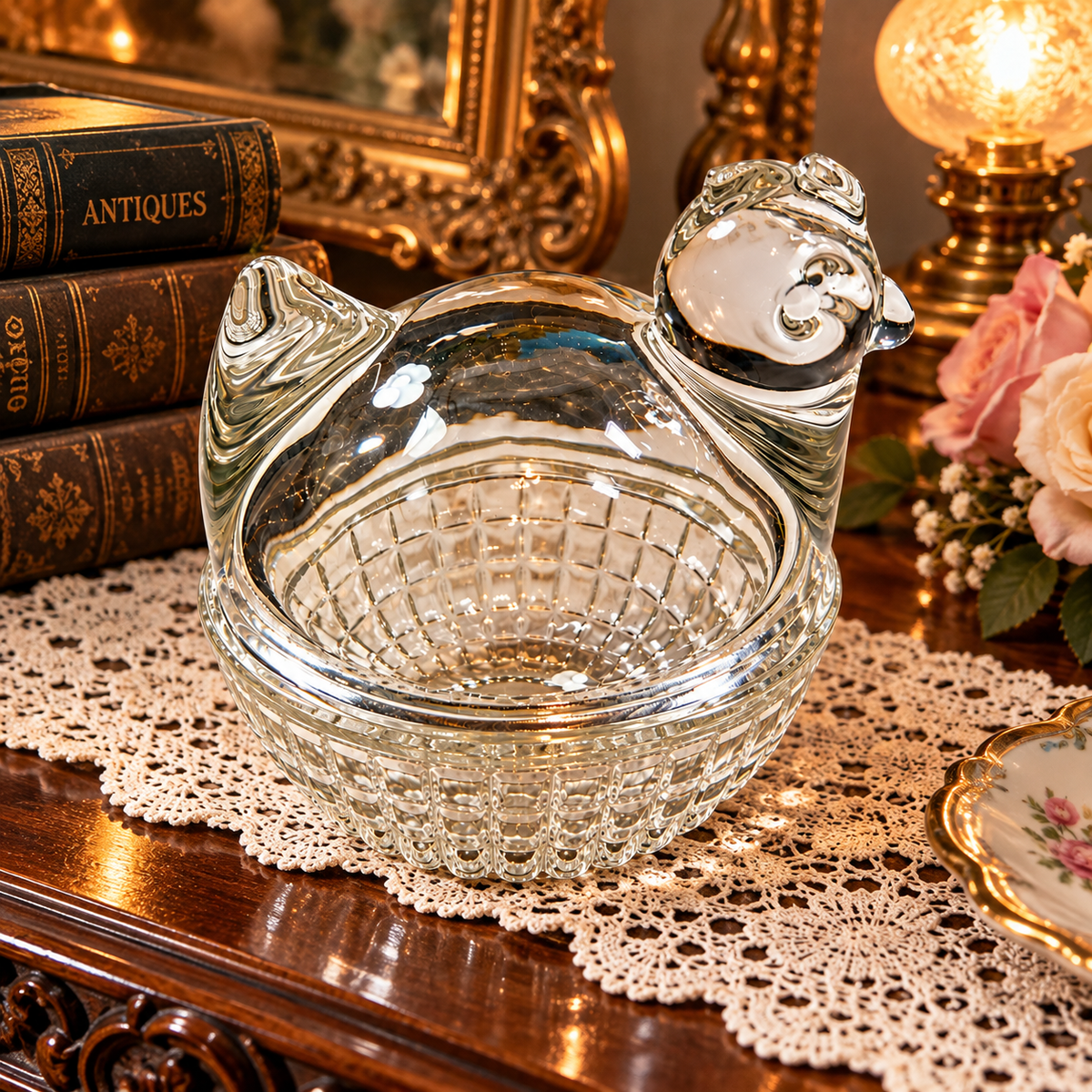 Vintage crystal glass duck candy dish with lid displayed in a classic vintage setting