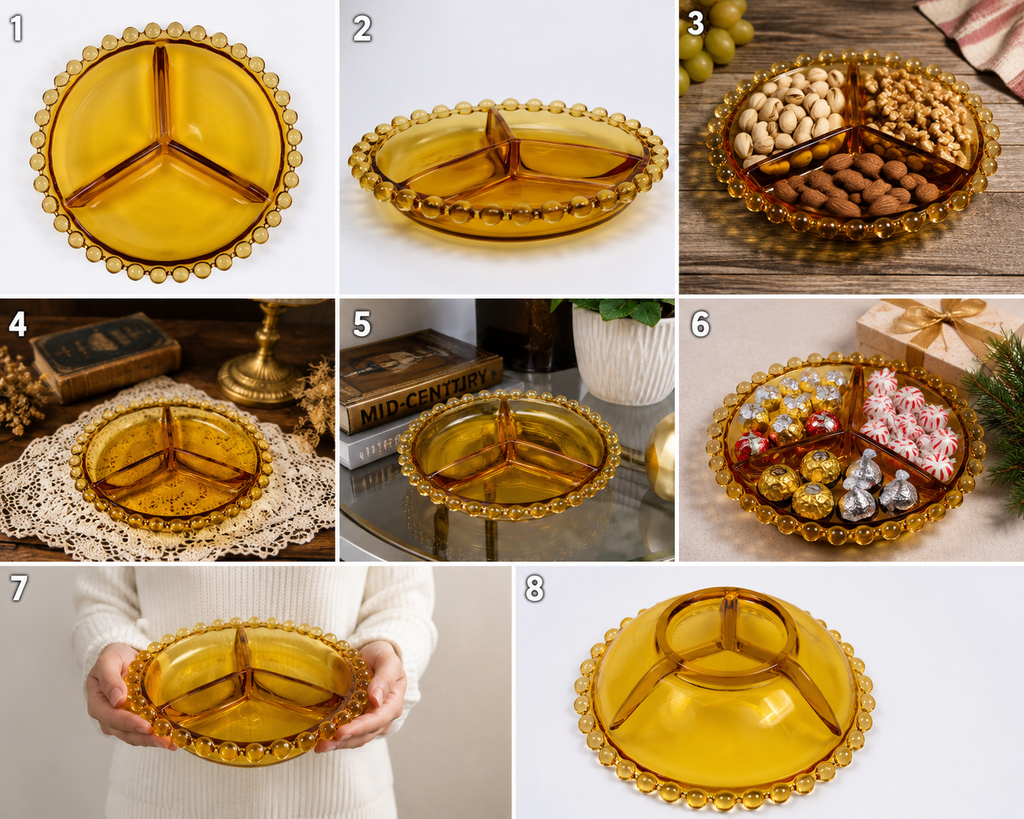 CD-15--Vintage Bohemian Amber Glass Divided Relish Bowl – Czech 3-Section Serving Dish