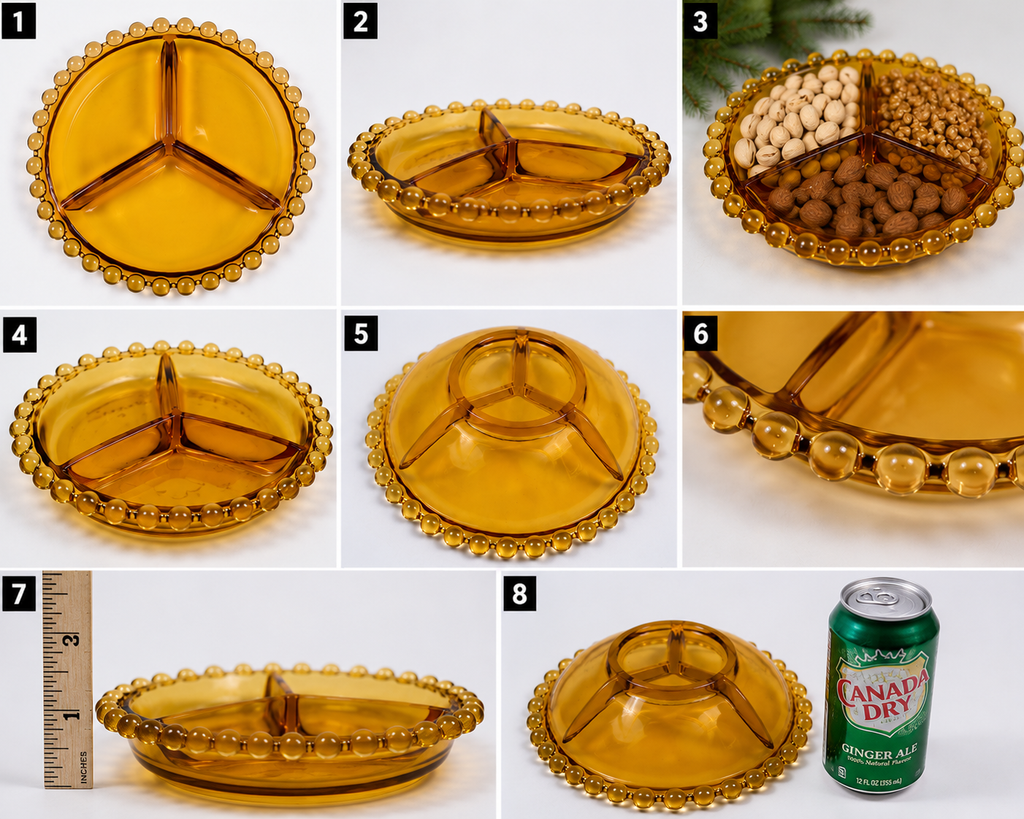 CD-15--Vintage Bohemian Amber Glass Divided Relish Bowl – Czech 3-Section Serving Dish