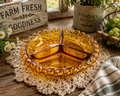 CD-15--Vintage Bohemian Amber Glass Divided Relish Bowl – Czech 3-Section Serving Dish