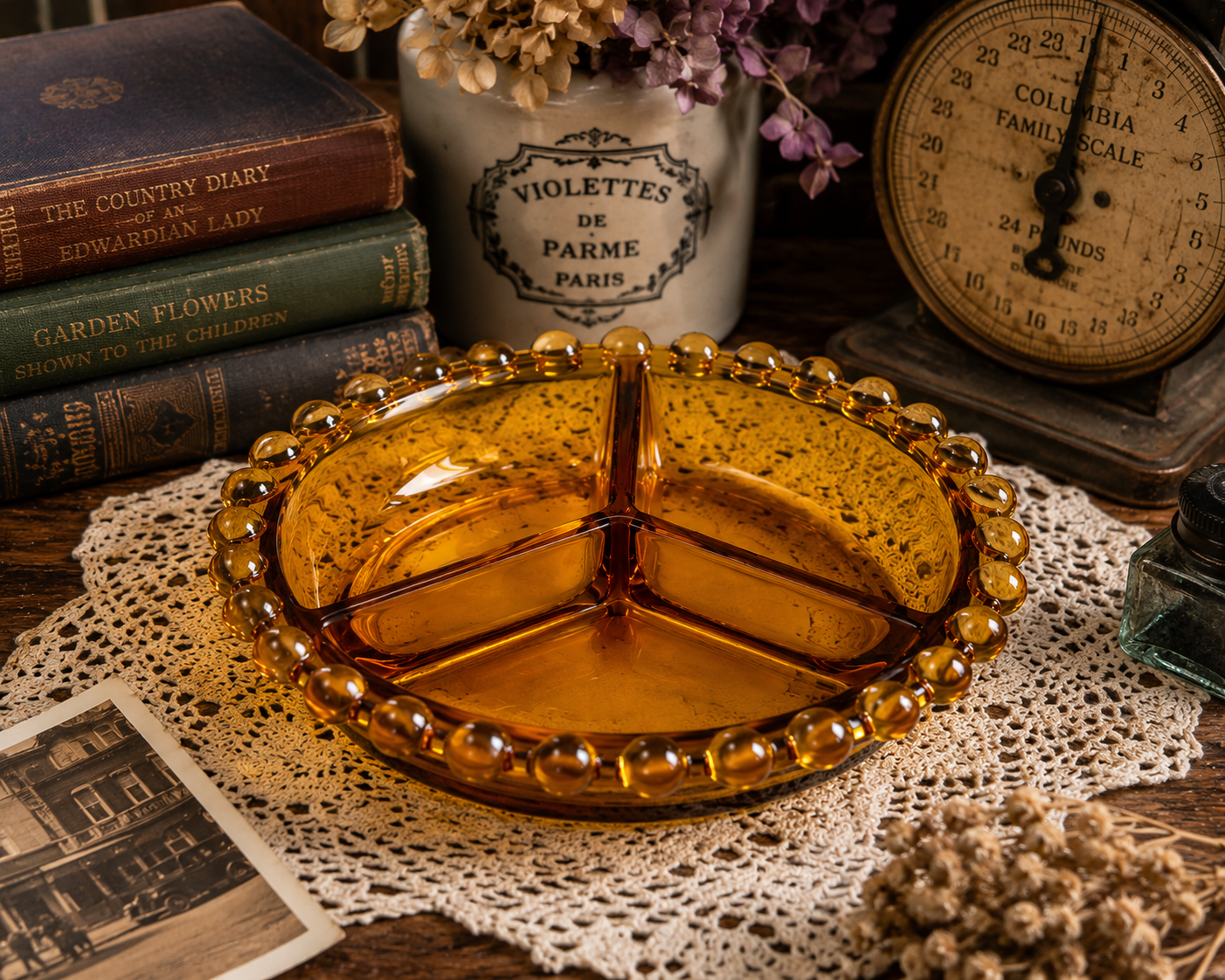 CD-15--Vintage Bohemian Amber Glass Divided Relish Bowl – Czech 3-Section Serving Dis