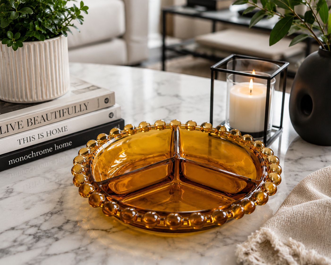 CD-15--Vintage Bohemian Amber Glass Divided Relish Bowl – Czech 3-Section Serving Dish