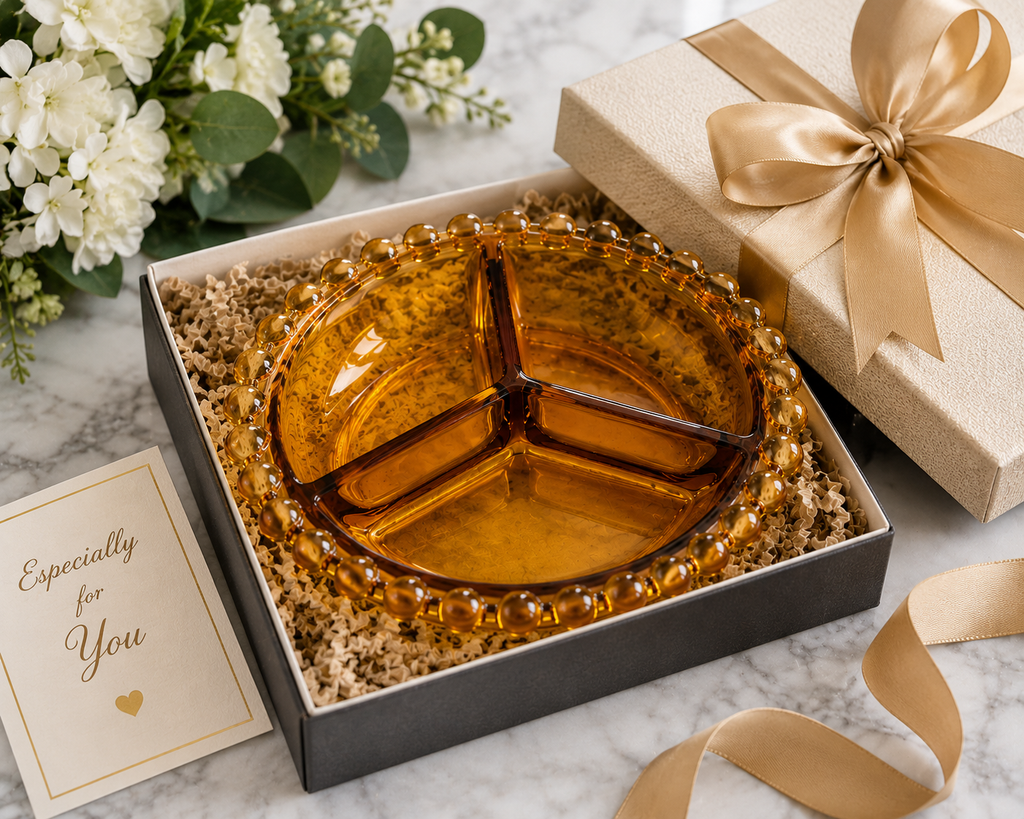 CD-15--Vintage Bohemian Amber Glass Divided Relish Bowl – Czech 3-Section Serving Dish