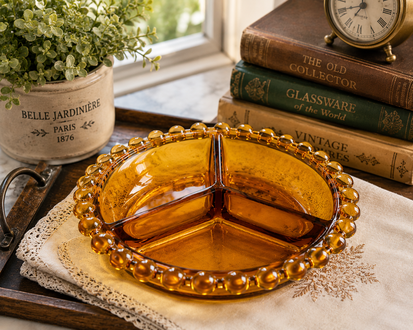 CD-15--Vintage Bohemian Amber Glass Divided Relish Bowl – Czech 3-Section Serving Dish