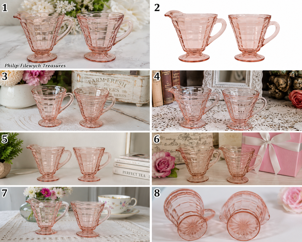 CS-05---Vintage Pink Depression Glass Cream & Sugar Set – Jeannette Cube Pattern