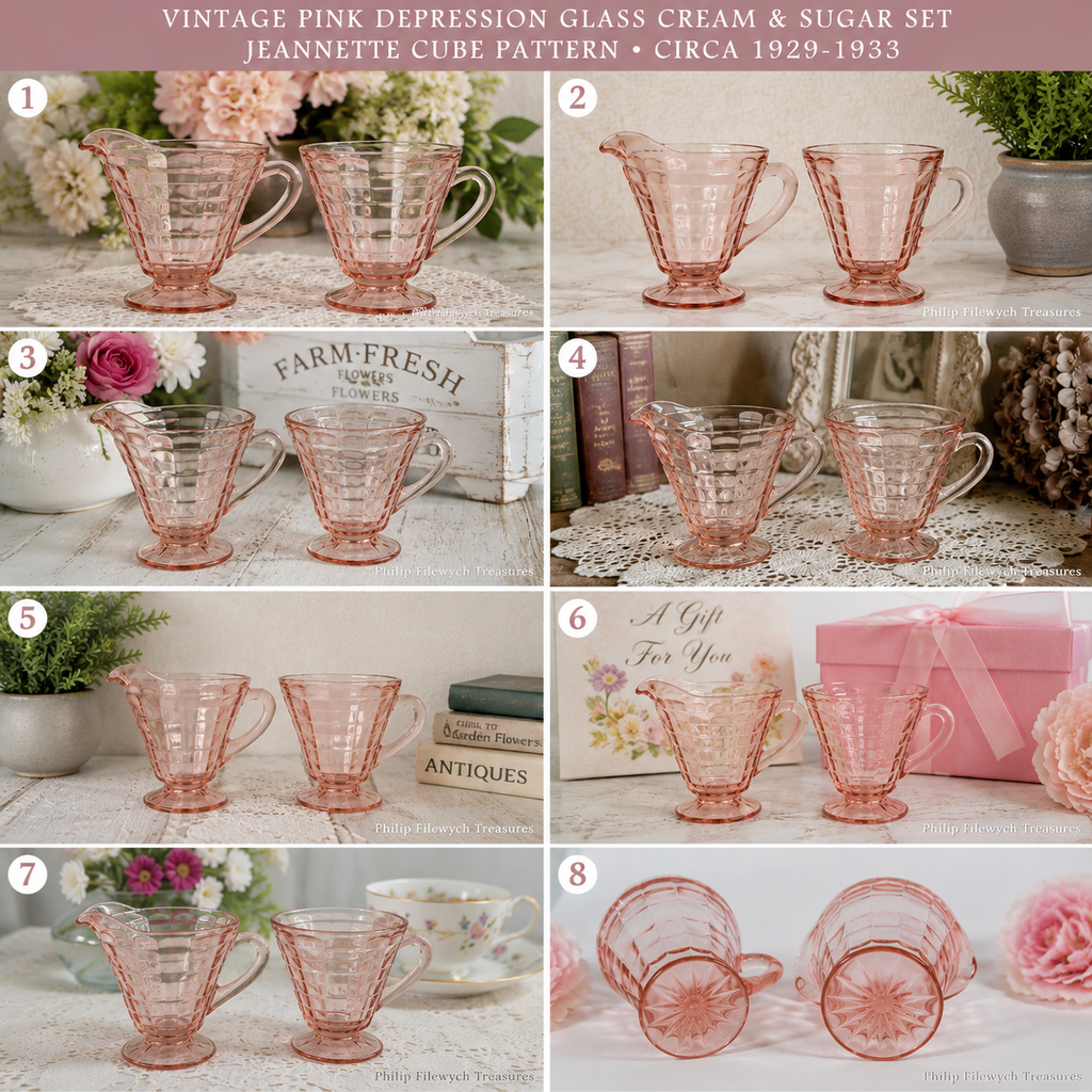 CS-05---Vintage Pink Depression Glass Cream & Sugar Set – Jeannette Cube Pattern