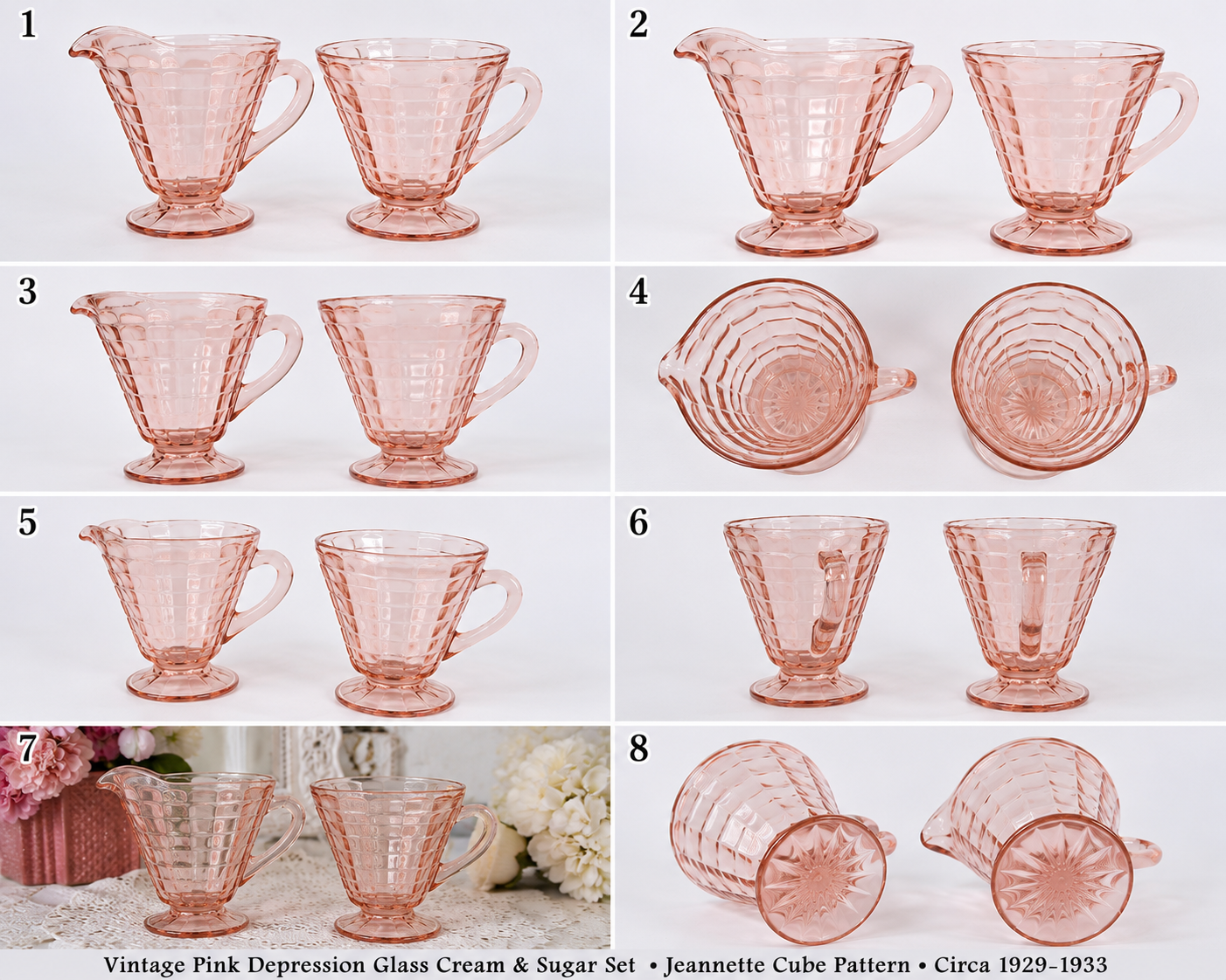 CS-05---Vintage Pink Depression Glass Cream & Sugar Set – Jeannette Cube Pattern