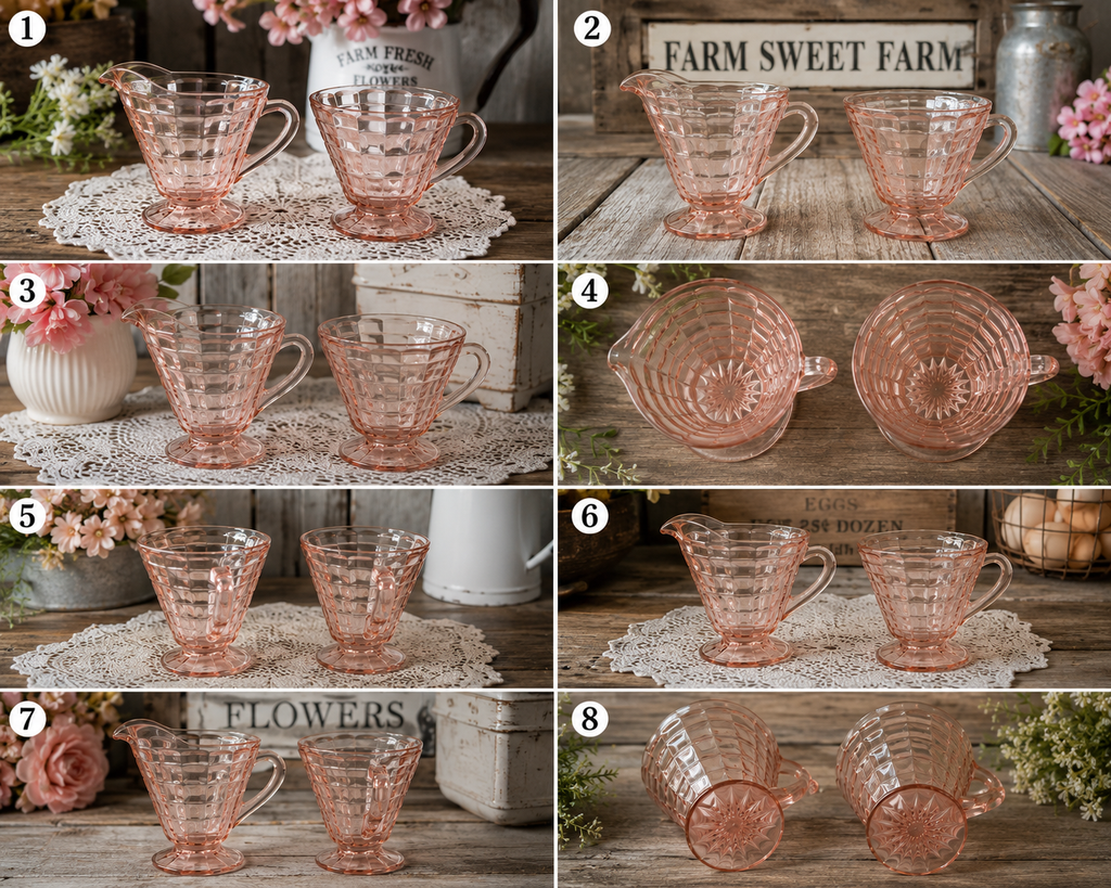 CS-05---Vintage Pink Depression Glass Cream & Sugar Set – Jeannette Cube Pattern