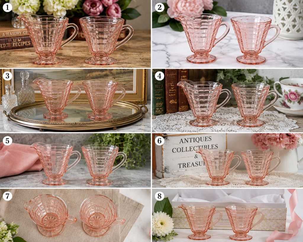 CS-05---Vintage Pink Depression Glass Cream & Sugar Set – Jeannette Cube Pattern