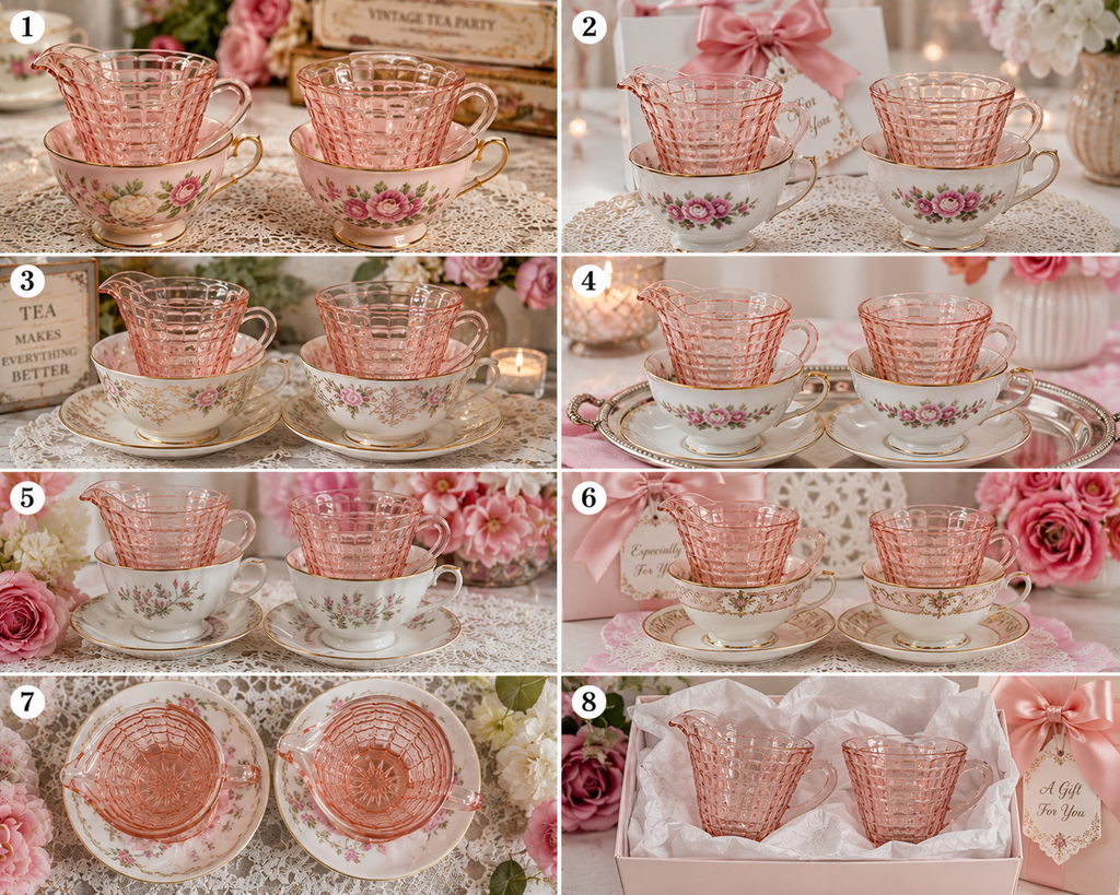 CS-05---Vintage Pink Depression Glass Cream & Sugar Set – Jeannette Cube Pattern