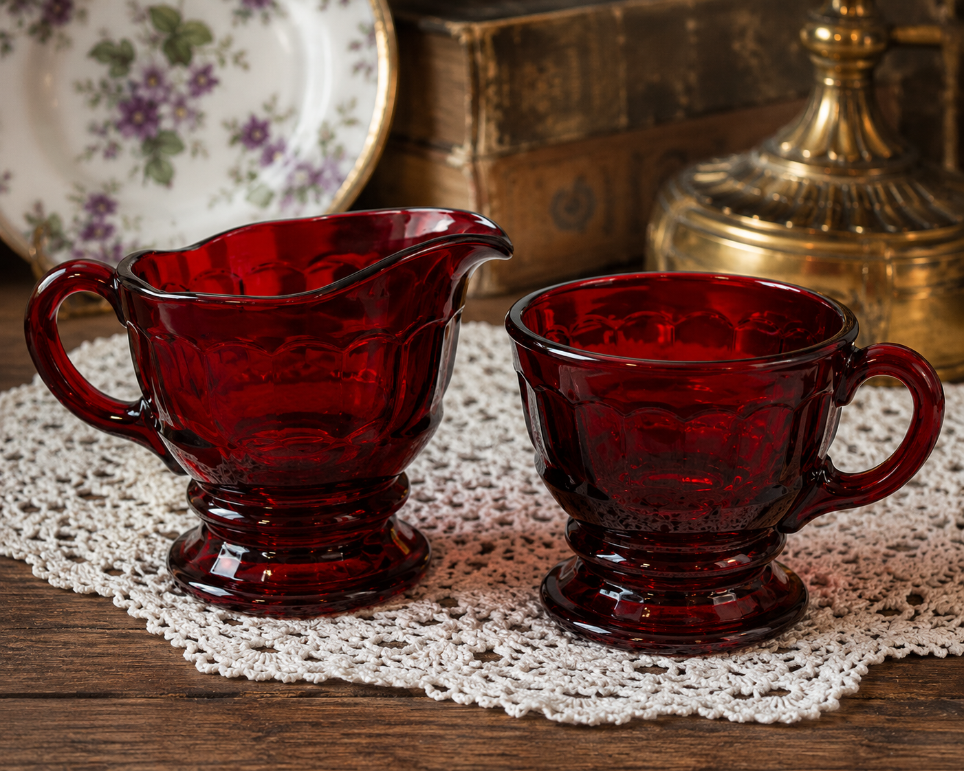 CS-10--Vintage Ruby Red Glass Cream & Sugar Set – Footed Fluted Creamer & Open Sugar Bowl – Made in England