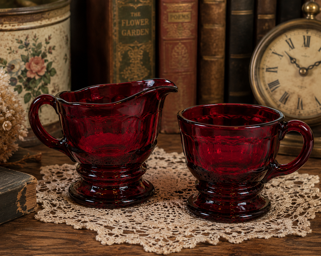 CS-10--Vintage Ruby Red Glass Cream & Sugar Set – Footed Fluted Creamer & Open Sugar Bowl – Made in England