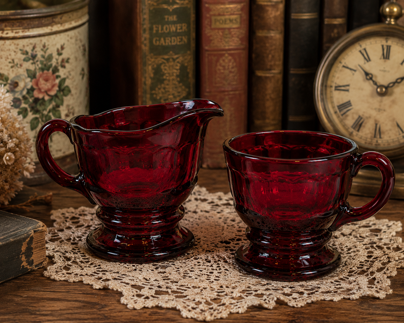CS-10--Vintage Ruby Red Glass Cream & Sugar Set – Footed Fluted Creamer & Open Sugar Bowl – Made in England