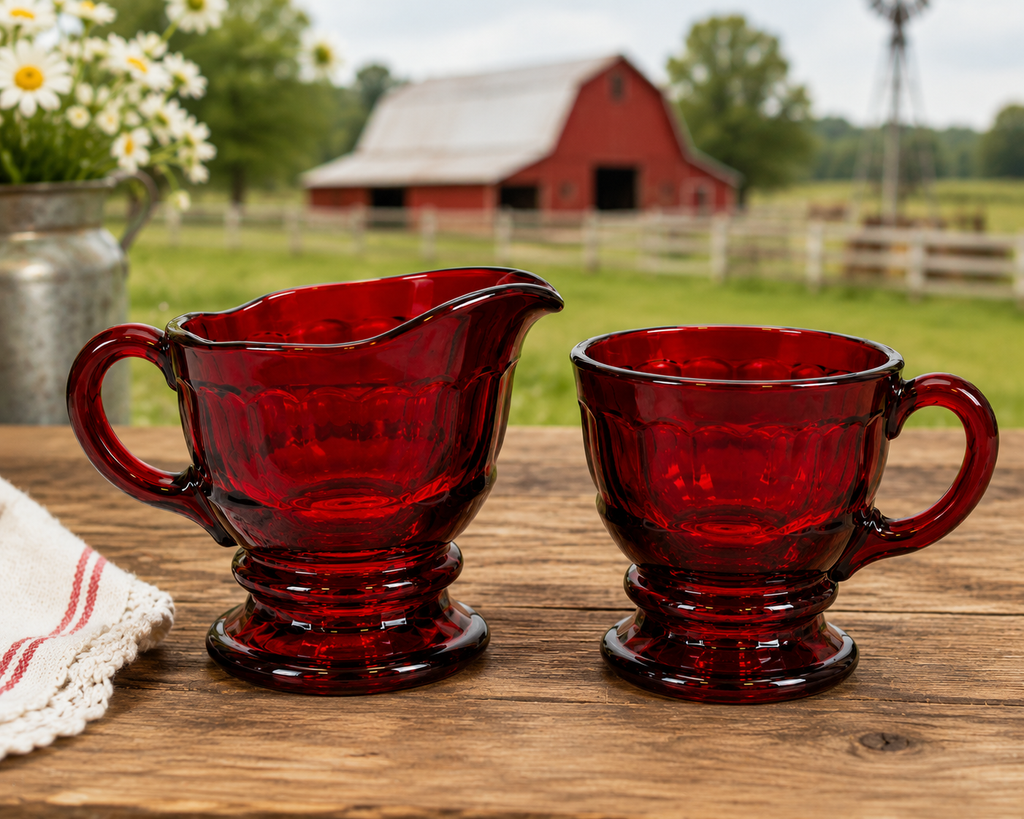 CS-10--Vintage Ruby Red Glass Cream & Sugar Set – Footed Fluted Creamer & Open Sugar Bowl – Made in England