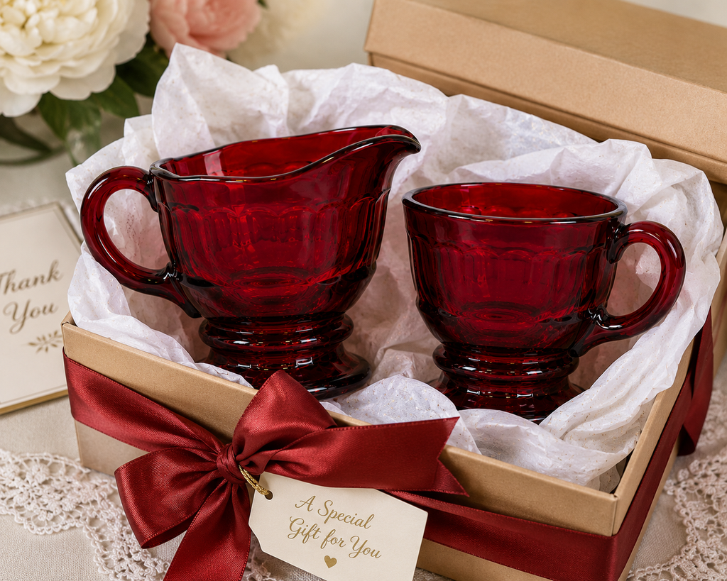 CS-10--Vintage Ruby Red Glass Cream & Sugar Set – Footed Fluted Creamer & Open Sugar Bowl – Made in England