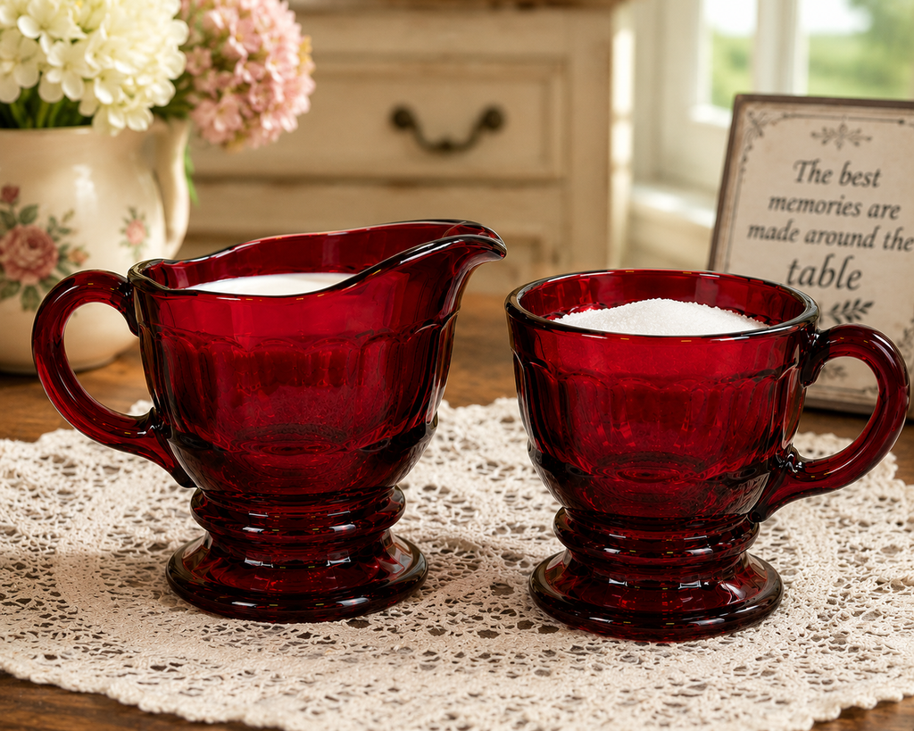 CS-10--Vintage Ruby Red Glass Cream & Sugar Set – Footed Fluted Creamer & Open Sugar Bowl – Made in England