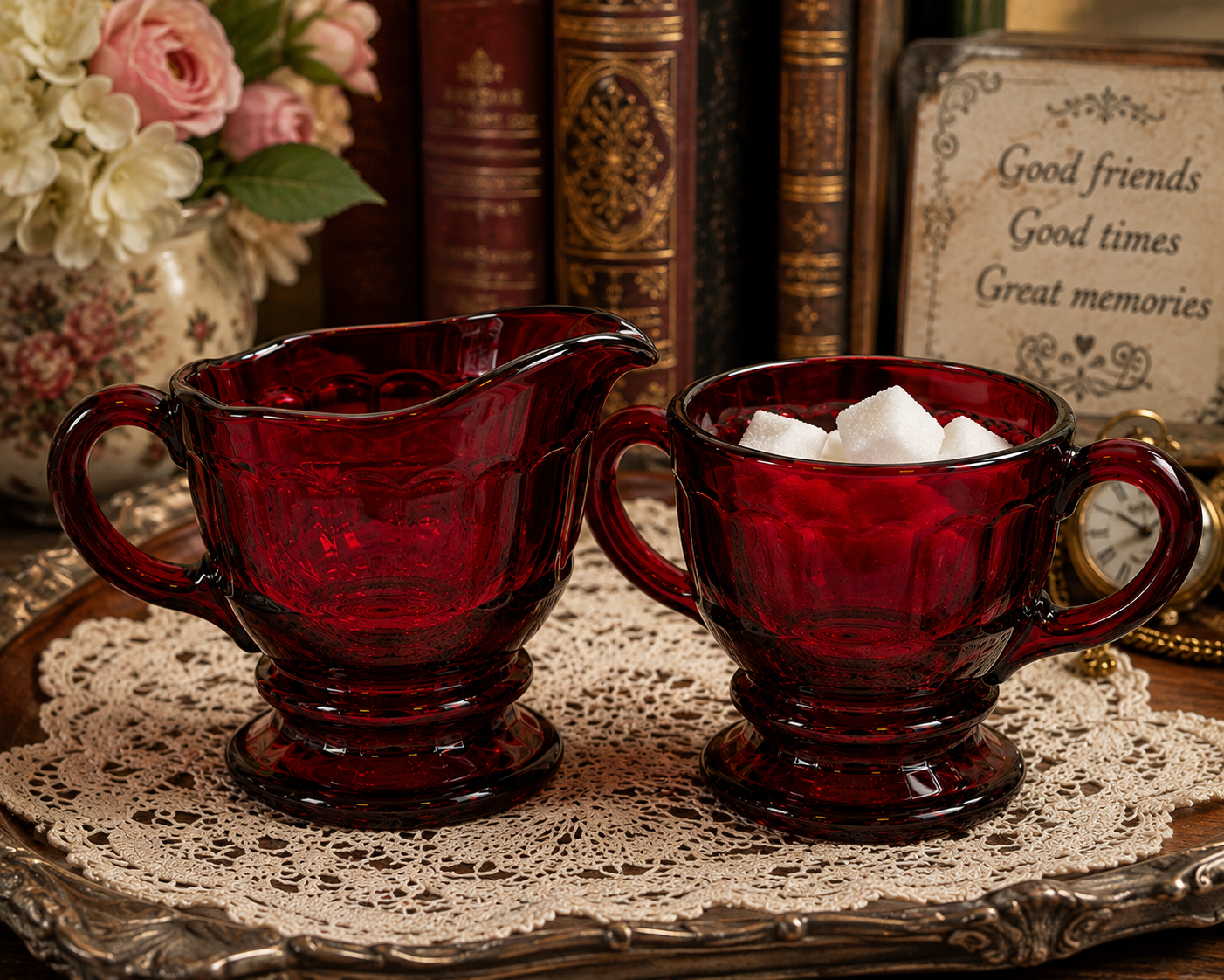 CS-10--Vintage Ruby Red Glass Cream & Sugar Set – Footed Fluted Creamer & Open Sugar Bowl – Made in England