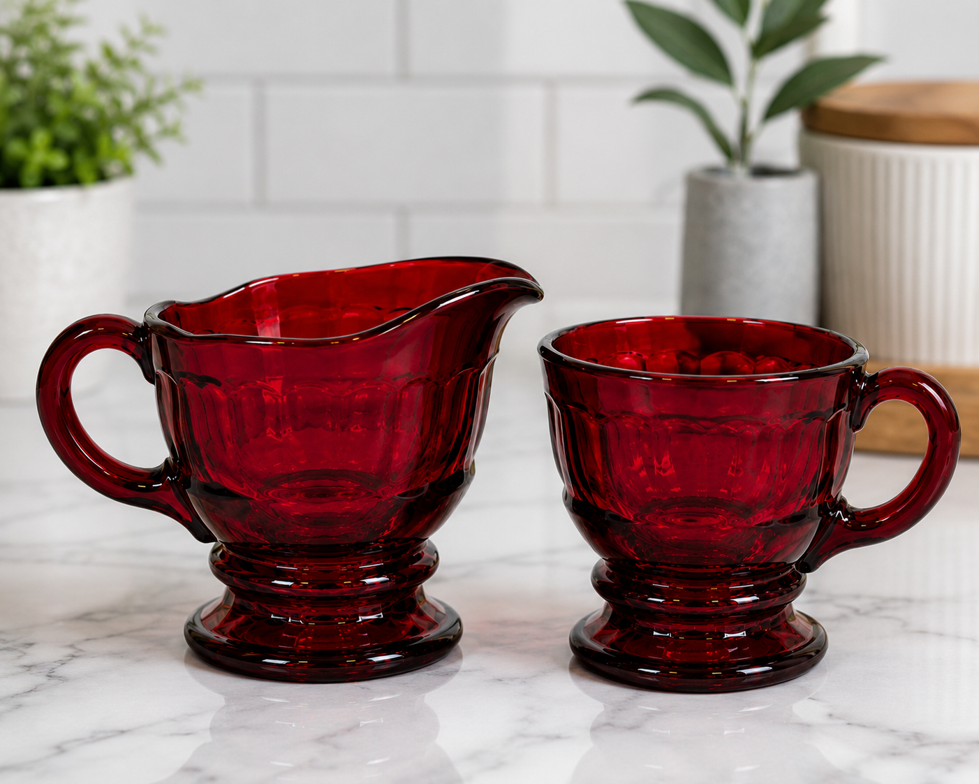 CS-10--Vintage Ruby Red Glass Cream & Sugar Set – Footed Fluted Creamer & Open Sugar Bowl – Made in England