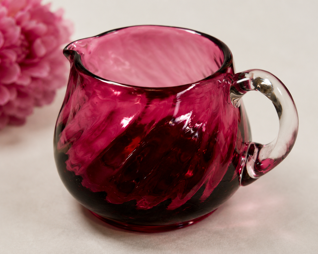 CS-12--English Cranberry Ruby Red Art Glass Creamer – Draped Optic Pattern – Clear Handle – 3"