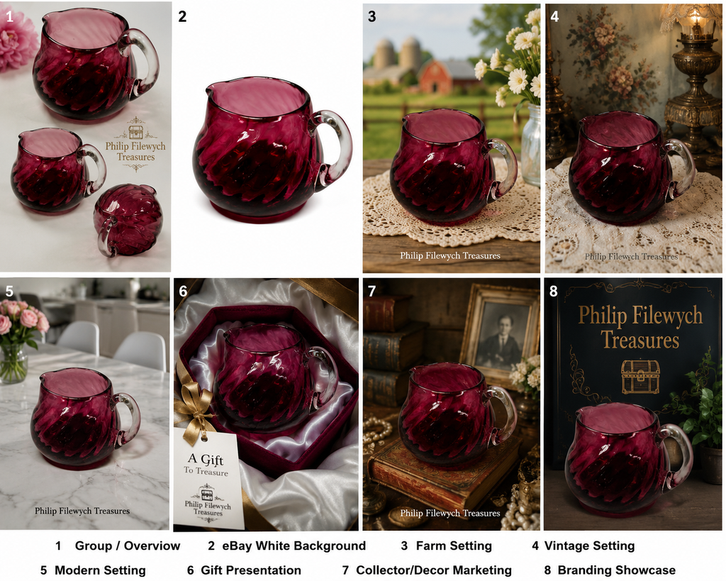 CS-12--English Cranberry Ruby Red Art Glass Creamer – Draped Optic Pattern – Clear Handle – 3"