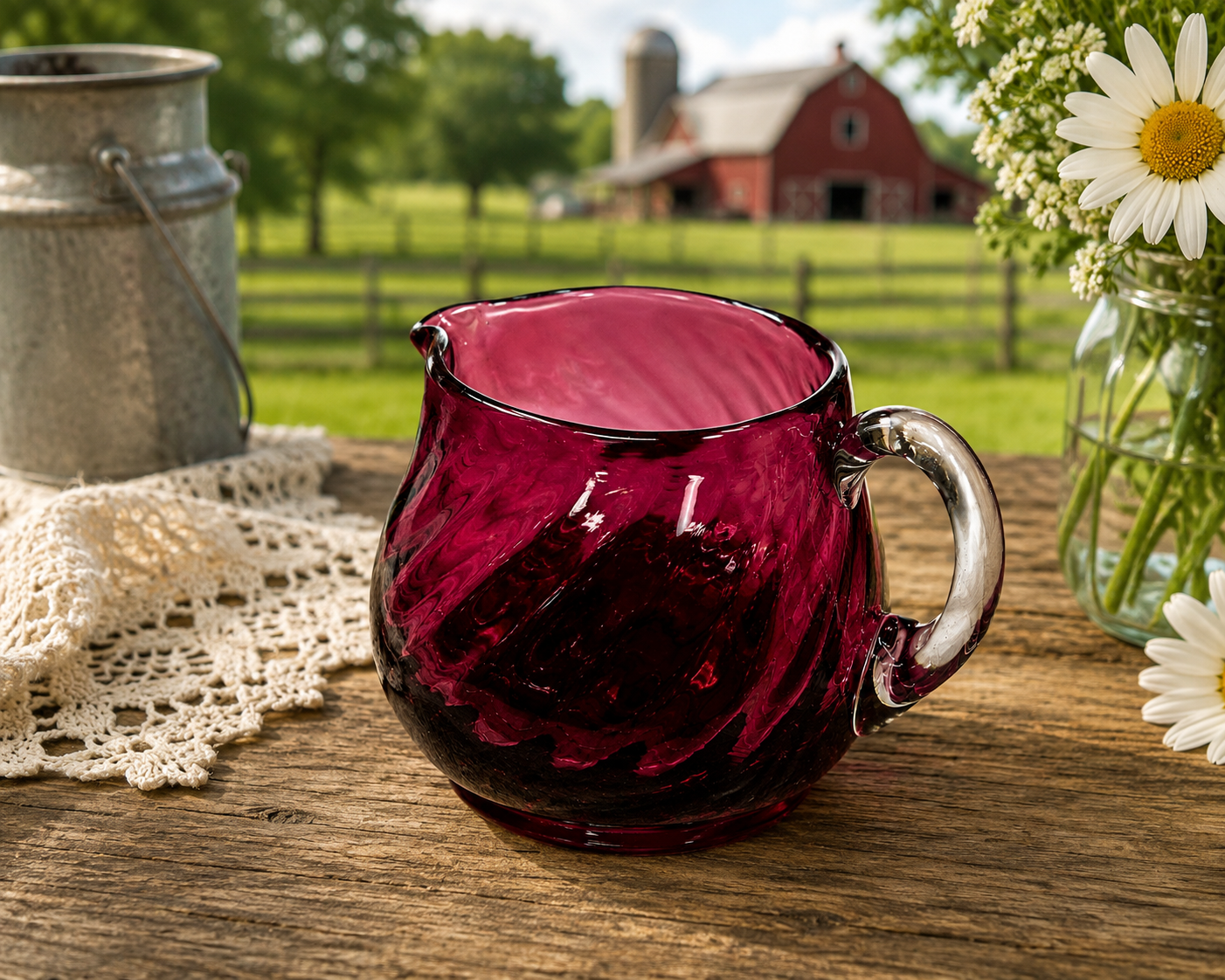 CS-12--English Cranberry Ruby Red Art Glass Creamer – Draped Optic Pattern – Clear Handle – 3"