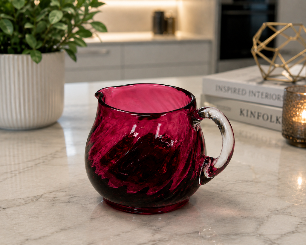 CS-12--English Cranberry Ruby Red Art Glass Creamer – Draped Optic Pattern – Clear Handle – 3"