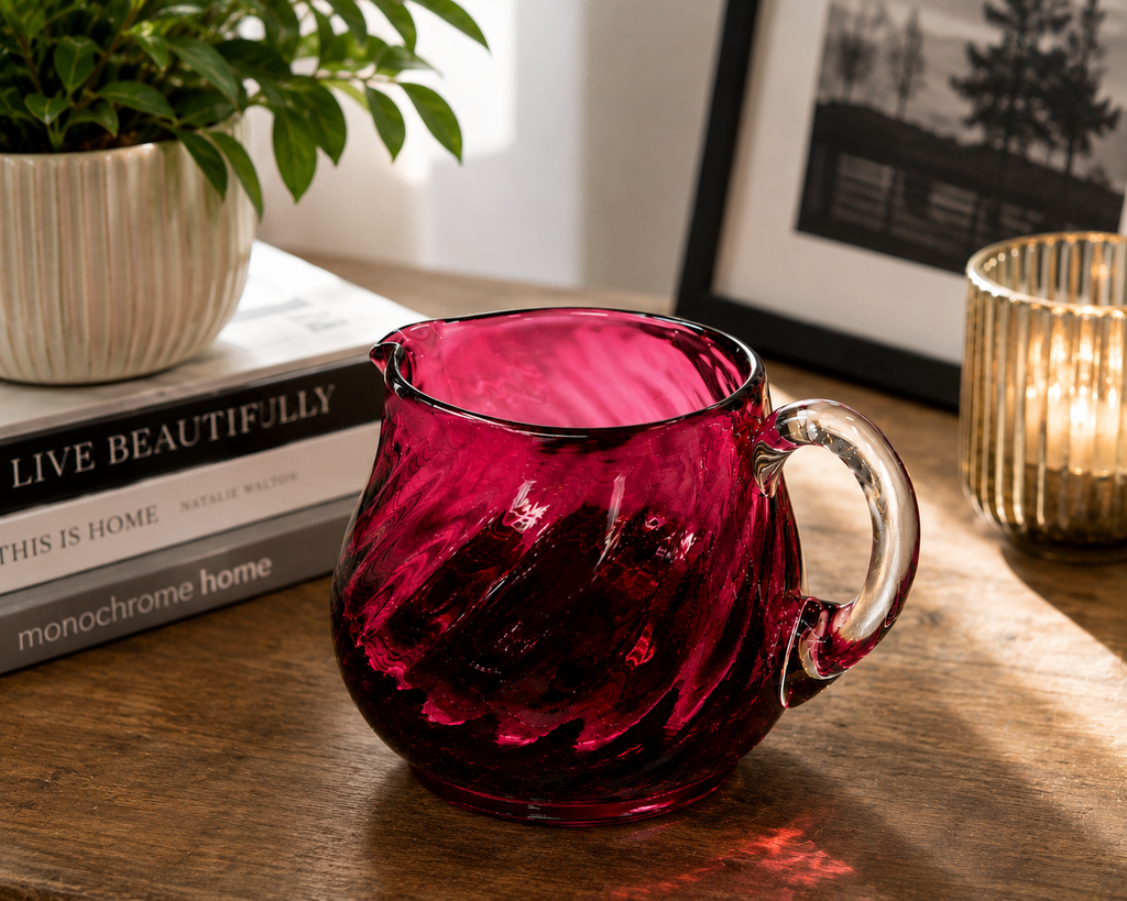 CS-12--English Cranberry Ruby Red Art Glass Creamer – Draped Optic Pattern – Clear Handle – 3"