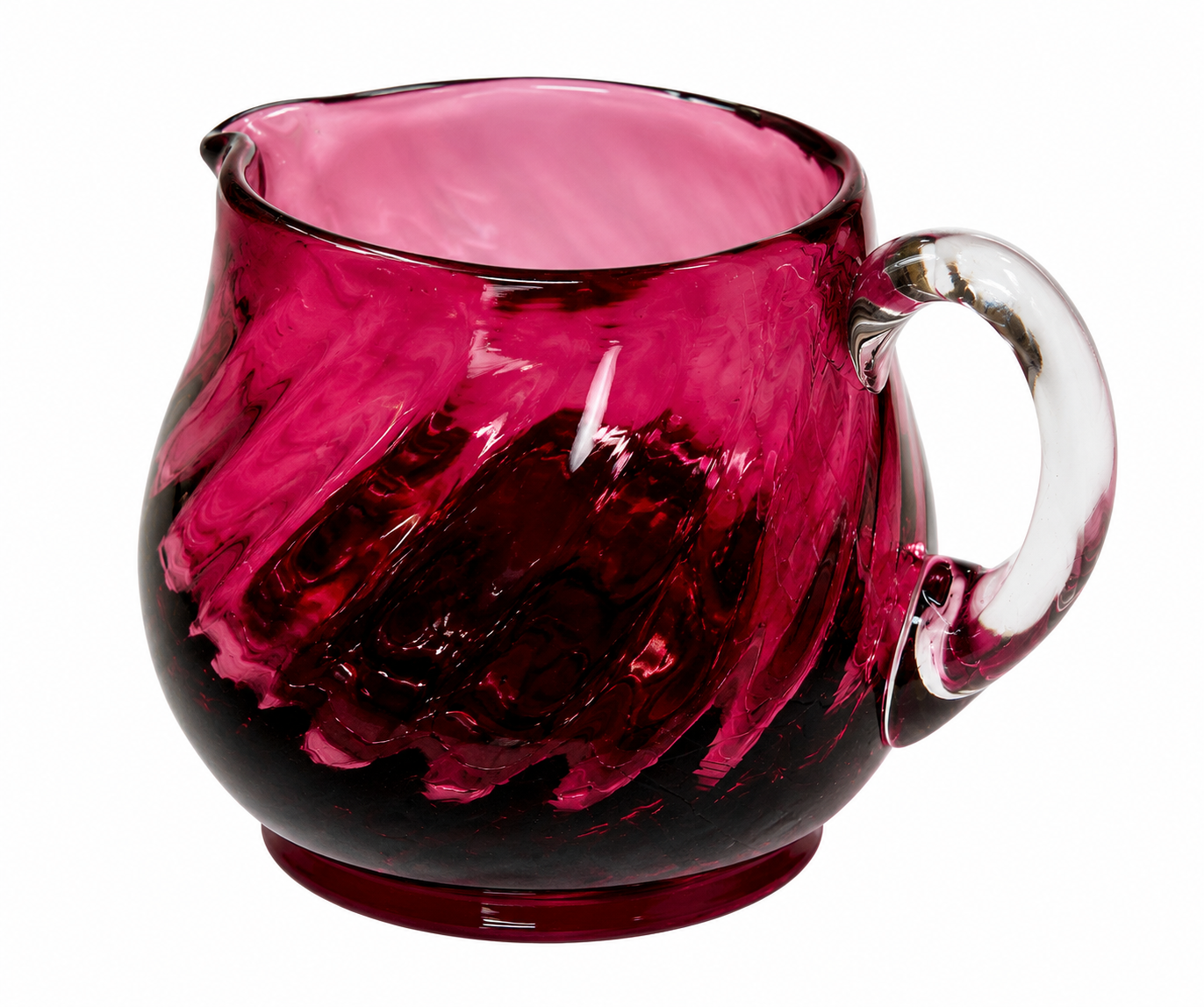 CS-12--English Cranberry Ruby Red Art Glass Creamer – Draped Optic Pattern – Clear Handle – 3"