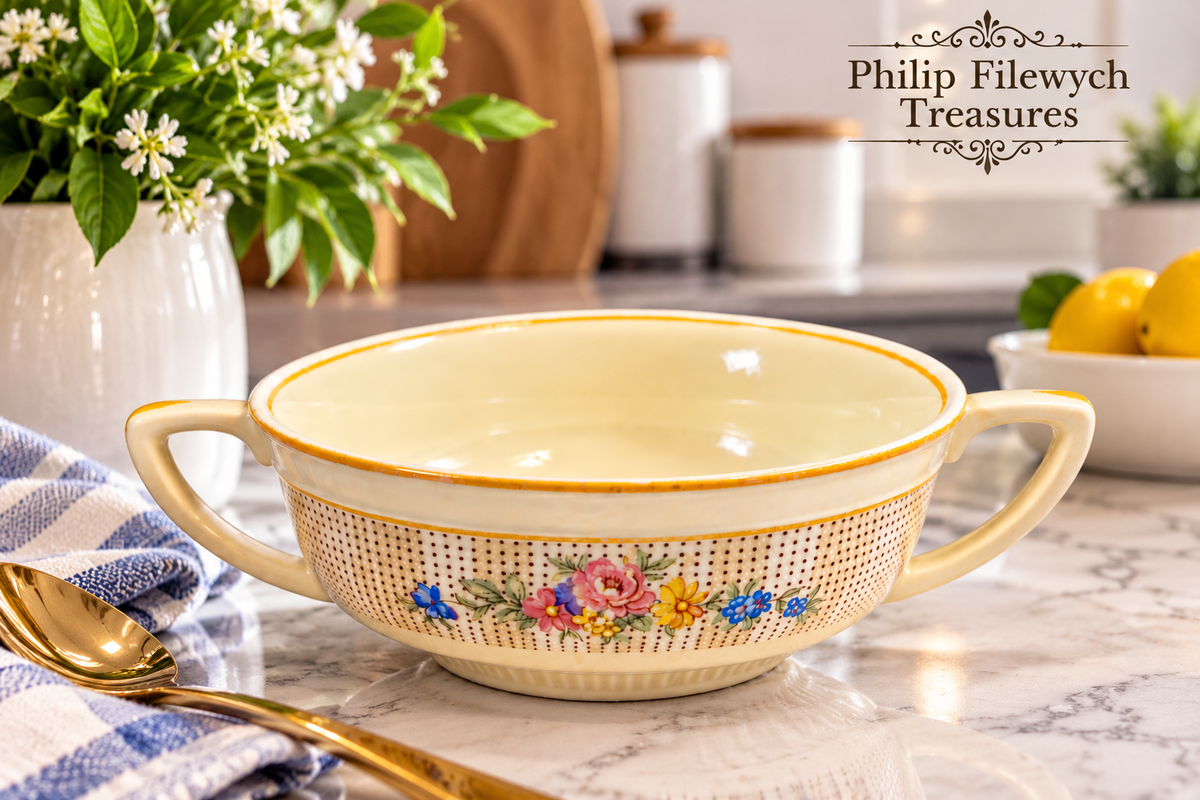 SC-25 vintage English Sunshine soup cup with floral design styled in a modern setting