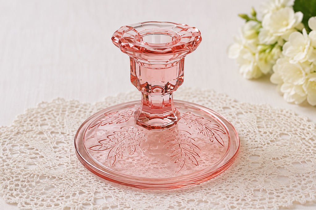 CS-62--Pink Glass Floral Candlestick Holder – Leaf Pattern Decorative Candle Holder