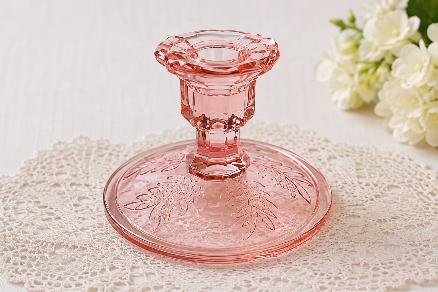 CS-62--Pink Glass Floral Candlestick Holder – Leaf Pattern Decorative Candle Holder