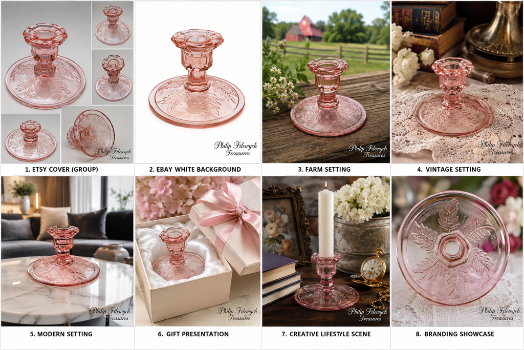 CS-62--Pink Glass Floral Candlestick Holder – Leaf Pattern Decorative Candle Holder