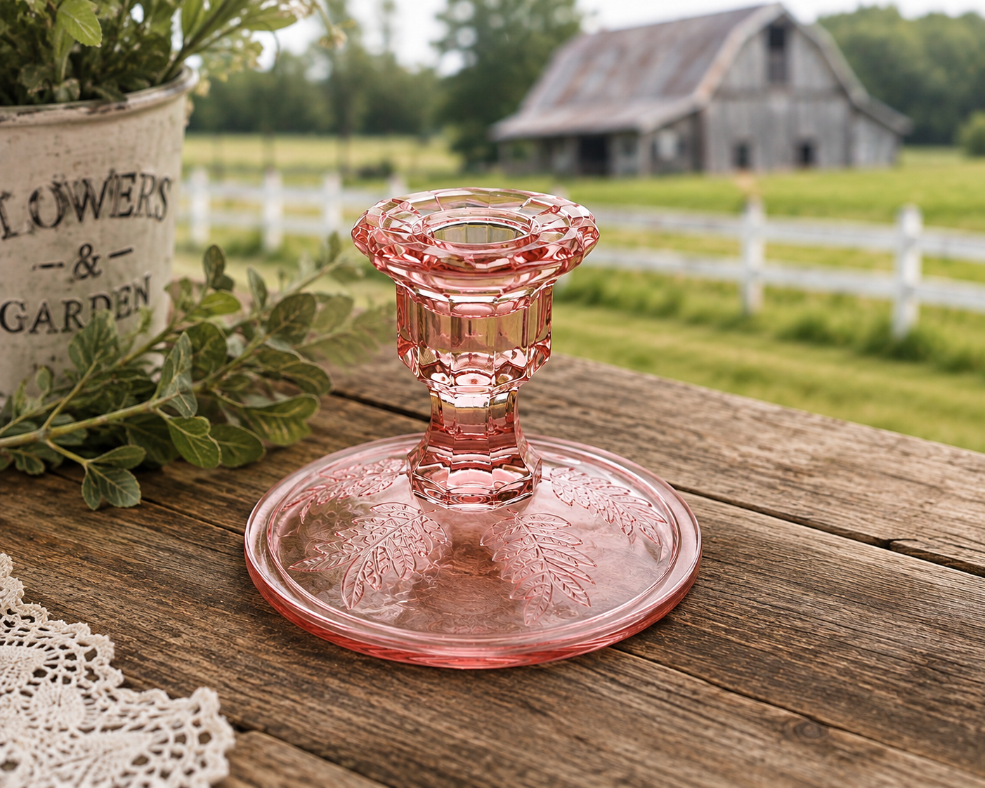 CS-62--Pink Glass Floral Candlestick Holder – Leaf Pattern Decorative Candle Holder
