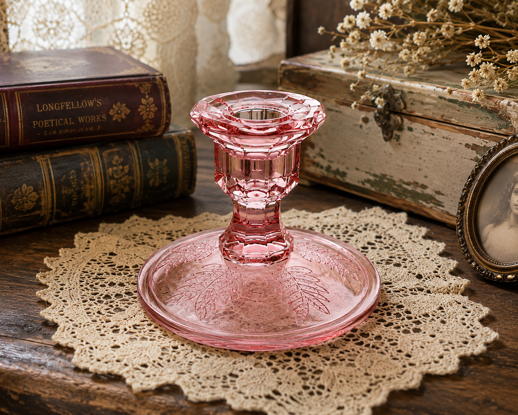 CS-62--Pink Glass Floral Candlestick Holder – Leaf Pattern Decorative Candle Holder