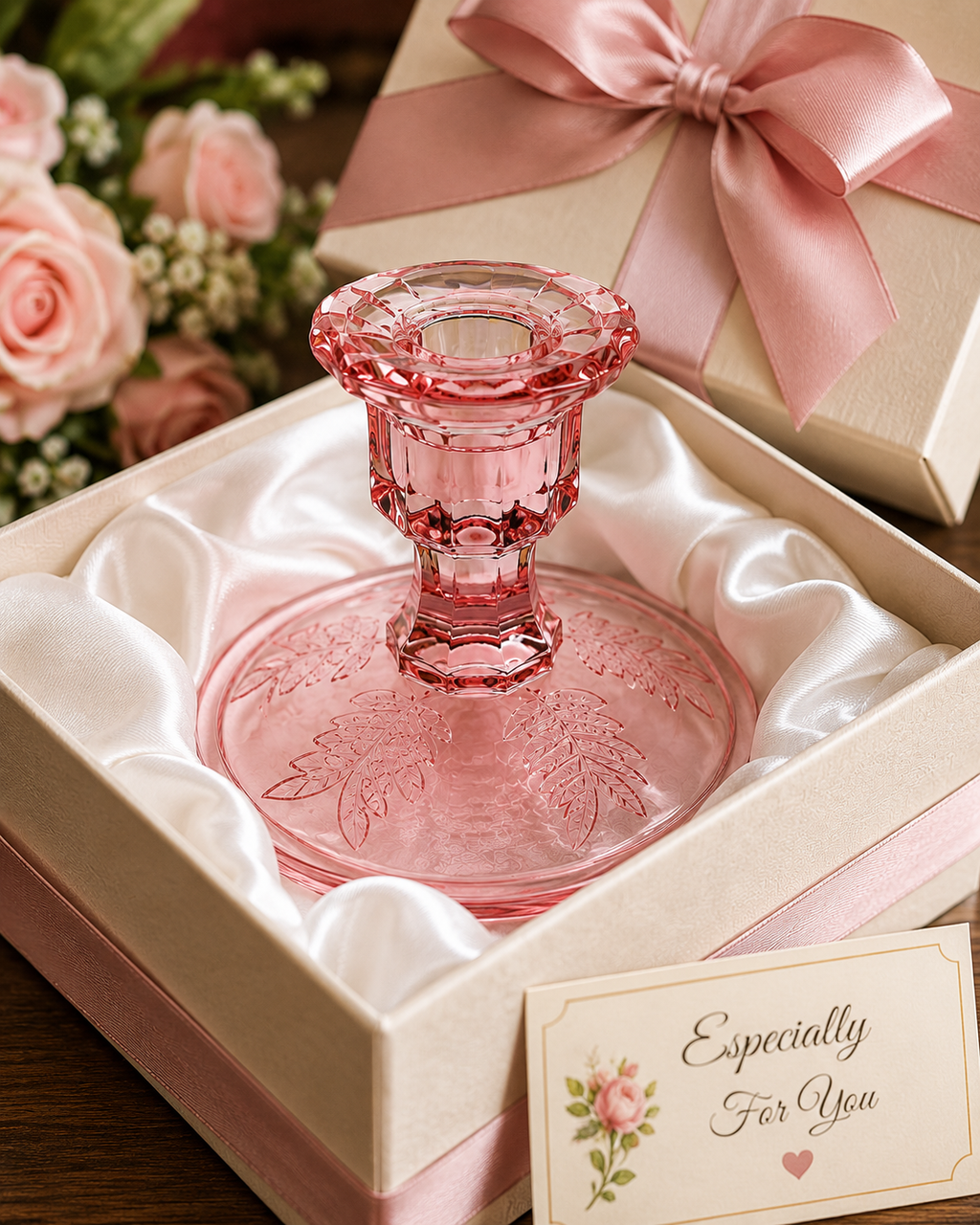 CS-62--Pink Glass Floral Candlestick Holder – Leaf Pattern Decorative Candle Holder