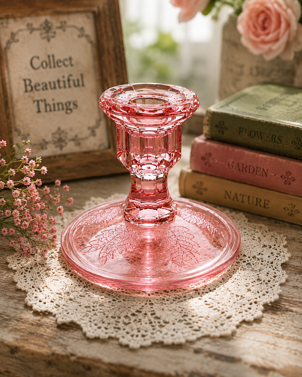 CS-62--Pink Glass Floral Candlestick Holder – Leaf Pattern Decorative Candle Holder