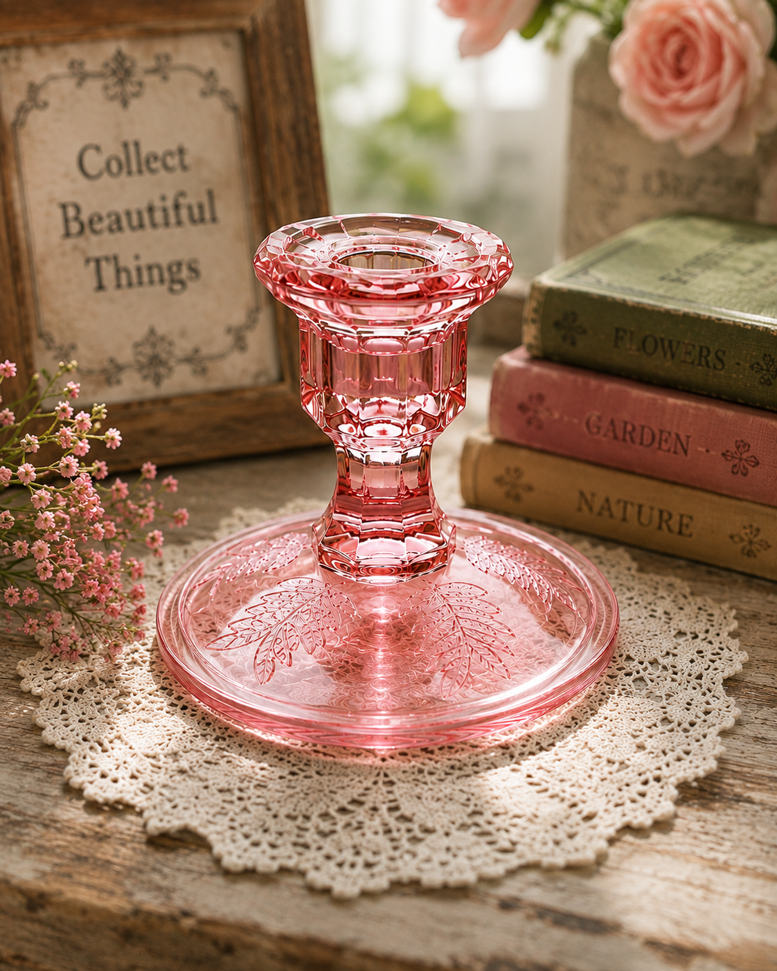 CS-62--Pink Glass Floral Candlestick Holder – Leaf Pattern Decorative Candle Holder