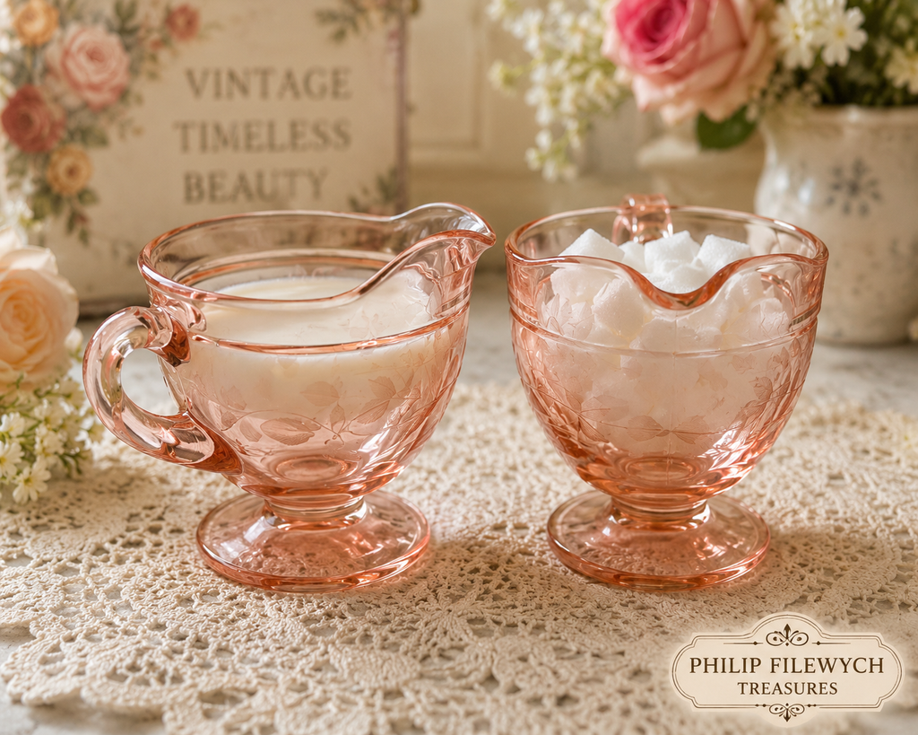CS-70--Vintage Pink Depression Glass Cream & Sugar Set – Etched Wheat Pattern