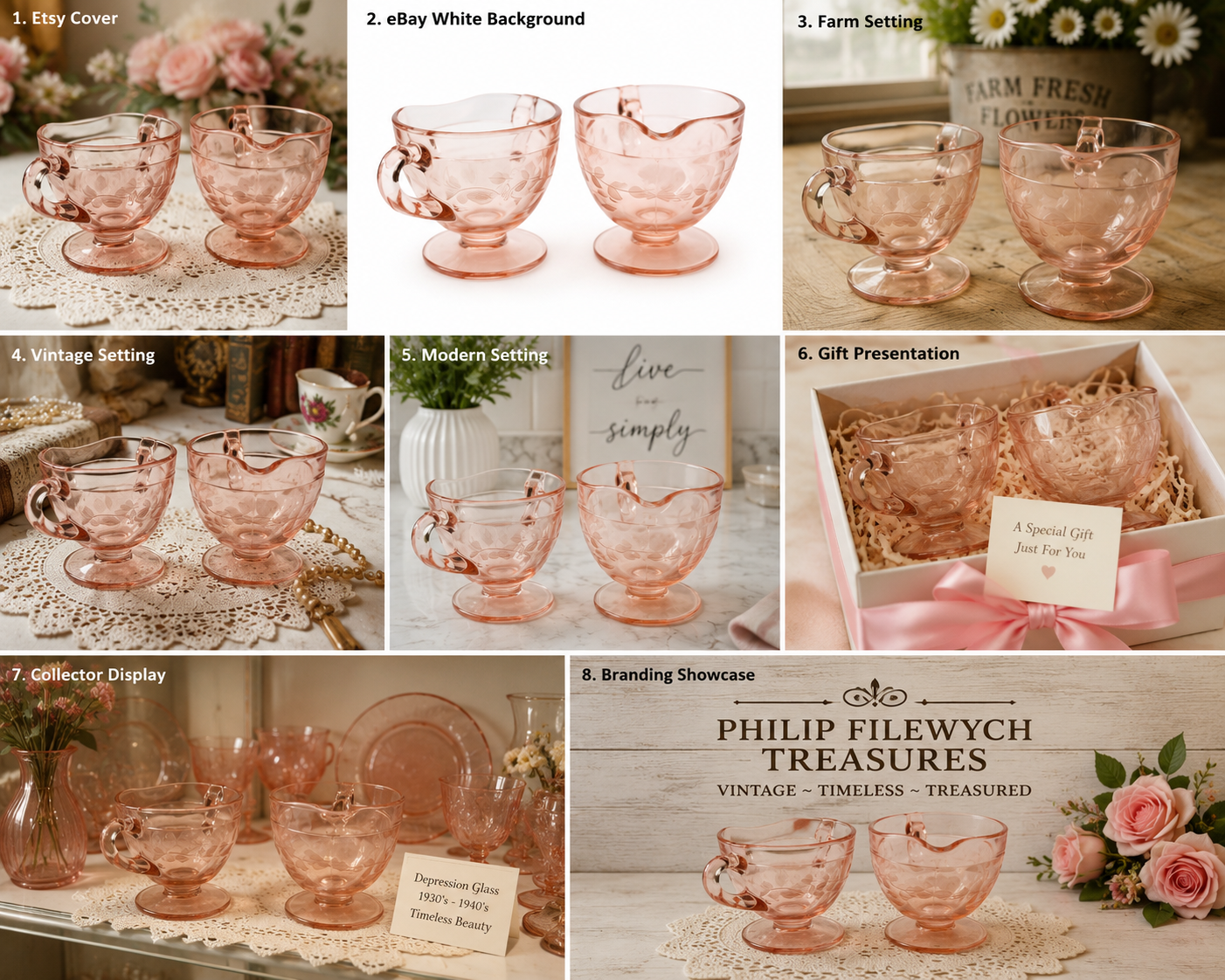 CS-70--Vintage Pink Depression Glass Cream & Sugar Set – Etched Wheat Pattern