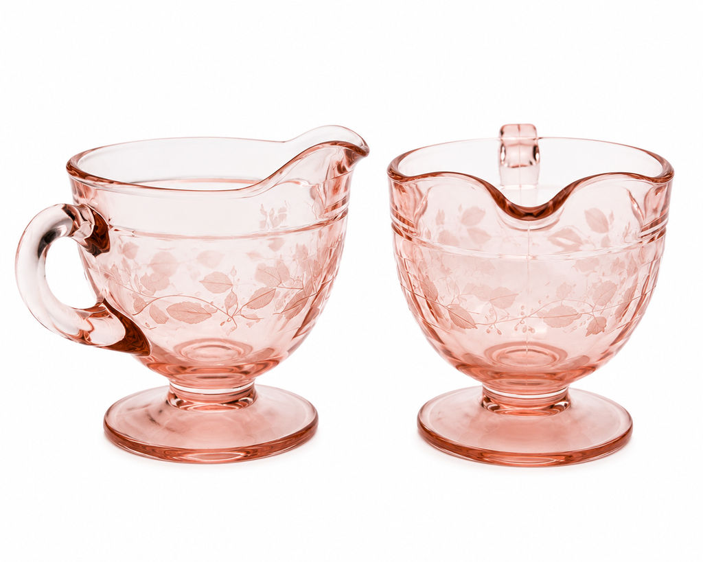 CS-70--Vintage Pink Depression Glass Cream & Sugar Set – Etched Wheat Pattern