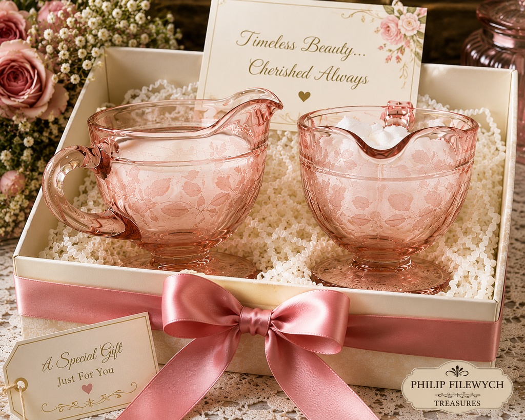 CS-70--Vintage Pink Depression Glass Cream & Sugar Set – Etched Wheat Pattern