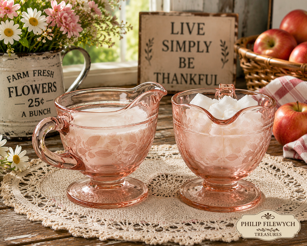 CS-70--Vintage Pink Depression Glass Cream & Sugar Set – Etched Wheat Pattern