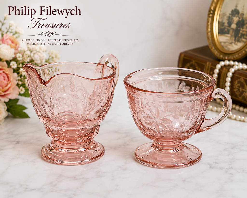 CS-14--Vintage Pink Depression Glass Cream & Sugar Set – Collectible Pink Glass Serving Set