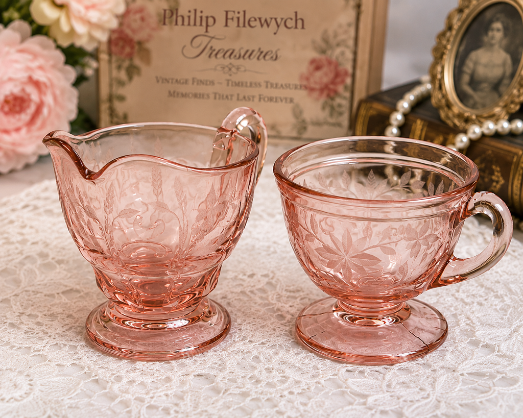 CS-14--Vintage Pink Depression Glass Cream & Sugar Set – Collectible Pink Glass Serving Set