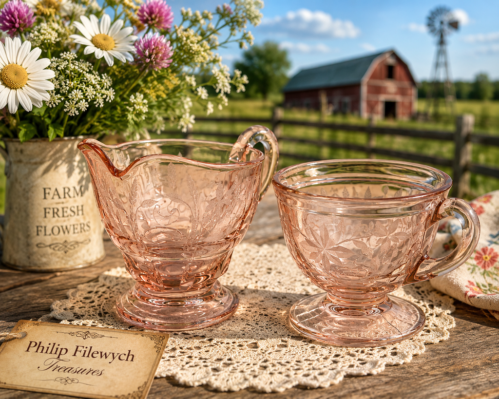 CS-14--Vintage Pink Depression Glass Cream & Sugar Set – Collectible Pink Glass Serving Set
